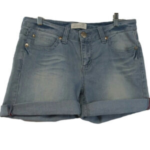 Seven7  Blue Light Wash Whiskering Mid Rise Zip Up Cuffed Hem Denim Jean Shorts